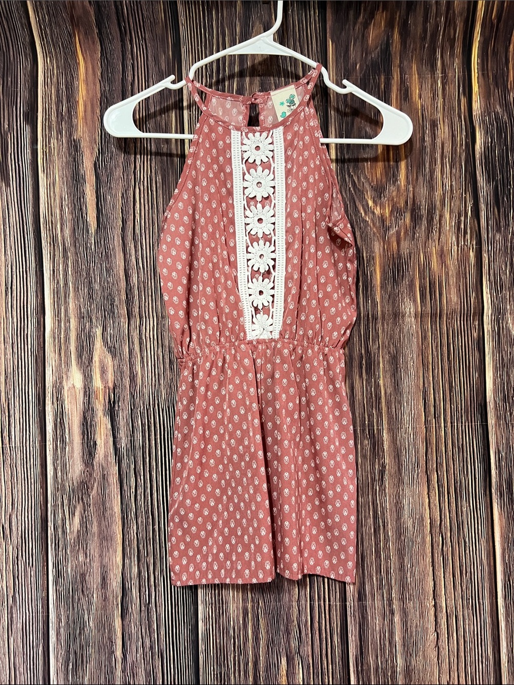 Lily Bleu Dusty Rust Halter Romper with White Floral Crochet